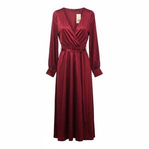 NEW Petal Rose Burgundy Velvet Wrap Maxi Dress Long Sleeve Belted Women L